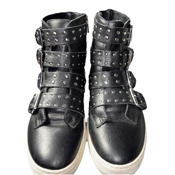 J/SLIDES Sneaker Shoe Womens size 8 Aghast Leather High Top Buckle Grunge - Picture 1 of 10